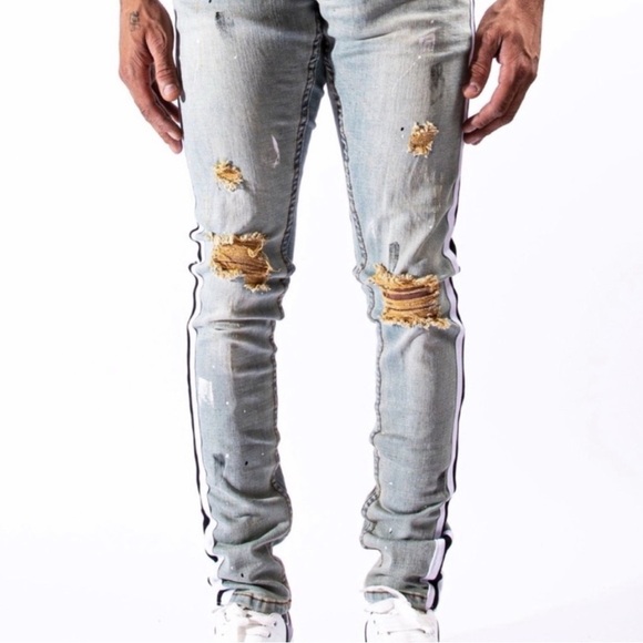 Serenede Skinny White Black Stripe Destroyed Denim Jeans Size 40 Men’s - Picture 6 of 7